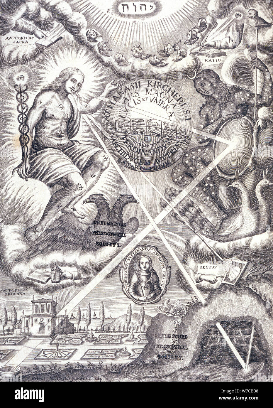 Frontispice d'Athanasius Kircher, Ars Magna Lucis et Umbrae. Artiste : Inconnu Banque D'Images
