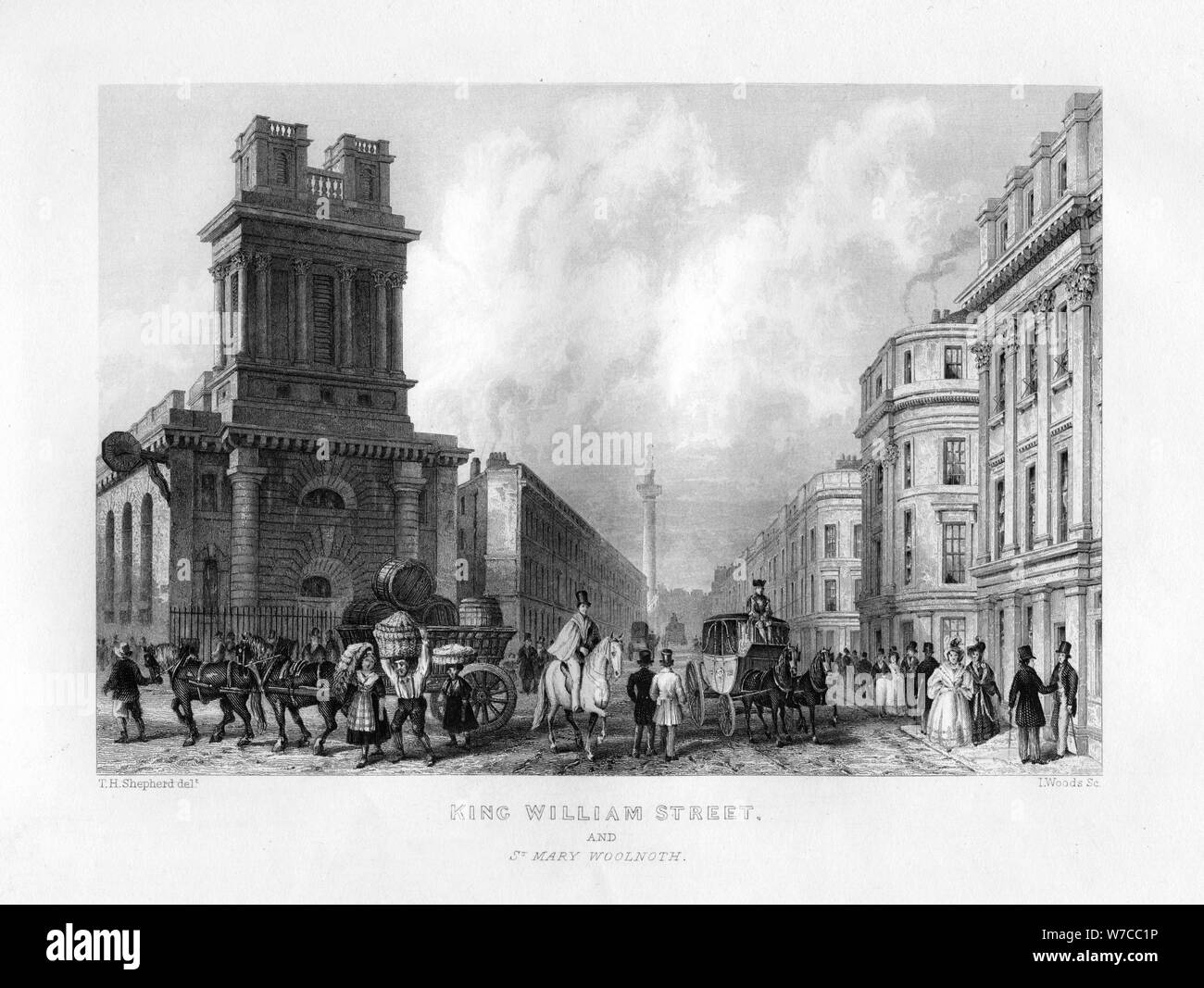 King William Street et St Mary Woolnoth, Londres, 19e siècle.Artiste : J Woods Banque D'Images