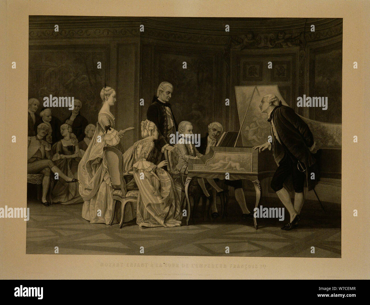 Mozart enfant effectuer avant de l'empereur François I et l'Impératrice Marie-Thérèse. Banque D'Images