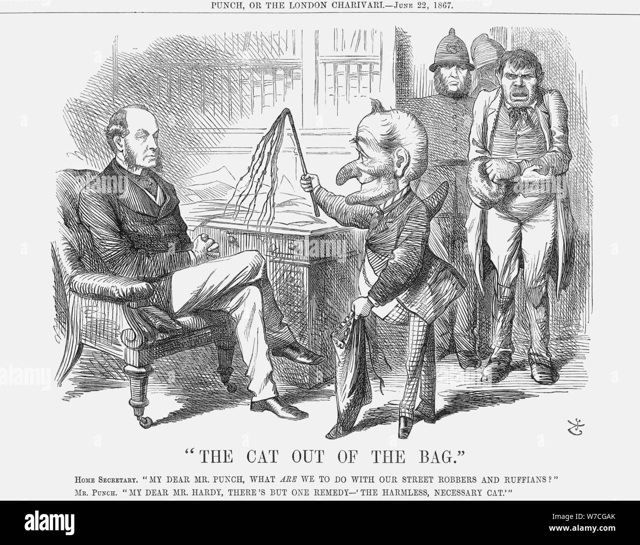 Le chat sortir du sac, 1867. Artiste : John Tenniel Banque D'Images