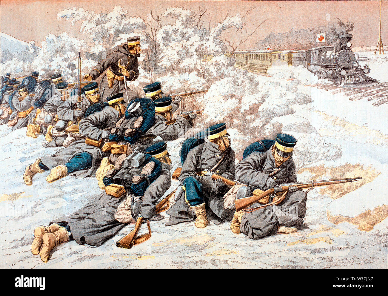 Le japonais l'allumage sur le train de la Croix-Rouge russe, guerre russo-japonaise, 1904. Artiste : Inconnu Banque D'Images