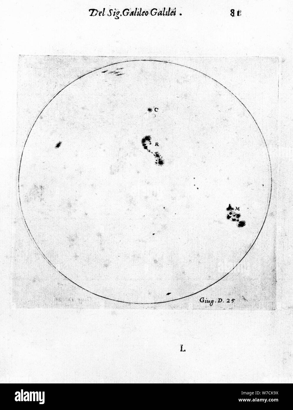 Observation des taches solaires de Galilée, 1613. Artiste : Galileo Galilei Banque D'Images