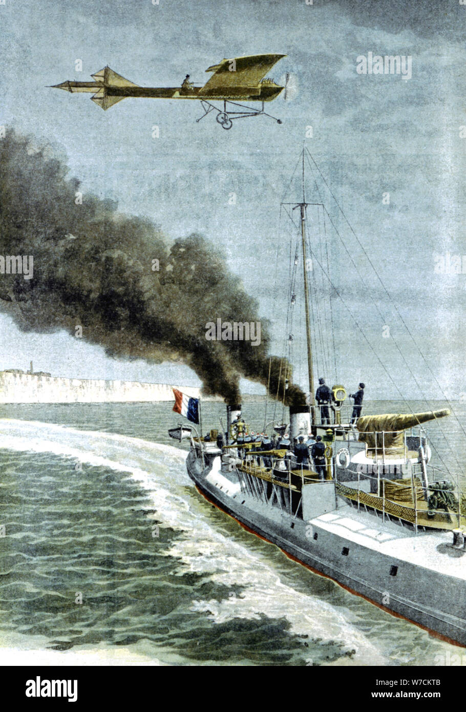 Hubert Latham essayant de voler son monoplan Antoinette sur la Manche, 1909. Artiste : Inconnu Banque D'Images