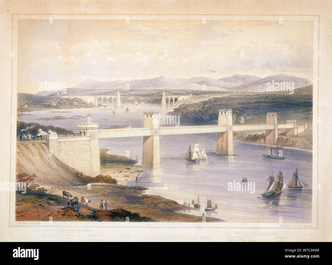 Pont tubulaire Britannia sur le détroit de Menai, galles, c1850-c1852. Artiste : George Hawkins Banque D'Images