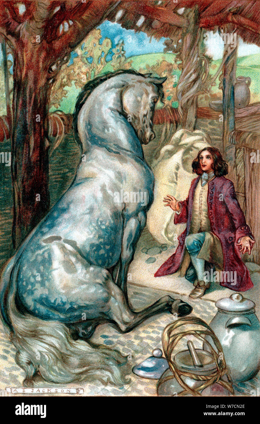 Lemuel Gulliver, mis à terre après une mutinerie, se trouve lui-même en royaume de l'Houyhnhns. Artiste : Inconnu Banque D'Images