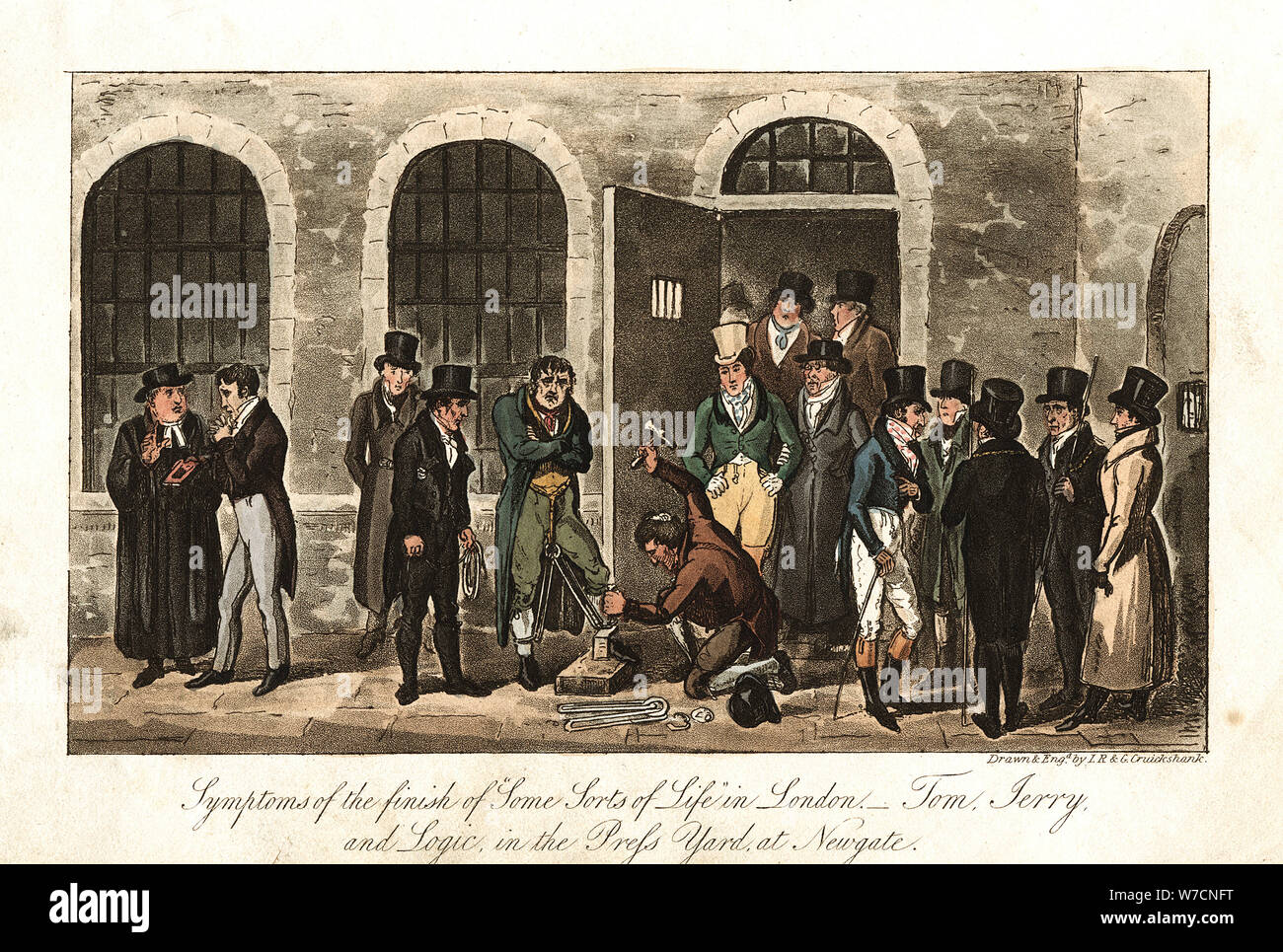 Tom, Jerry et logique dans la presse, la Cour de la prison de Newgate, Londres, 1821. Artiste : George Cruikshank Banque D'Images