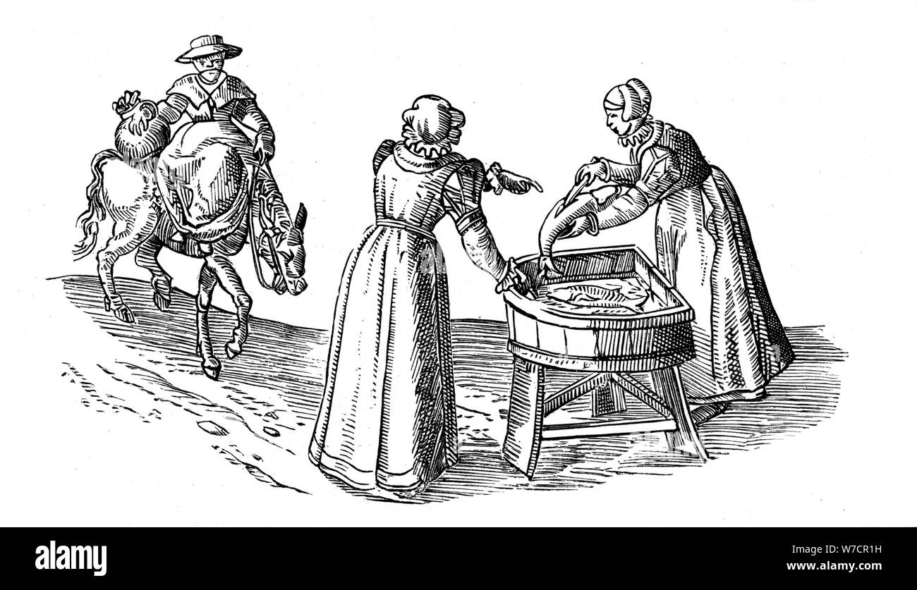 Décrochage du poisson dans un marché, 1572. Artiste : Georgius Braun Banque D'Images