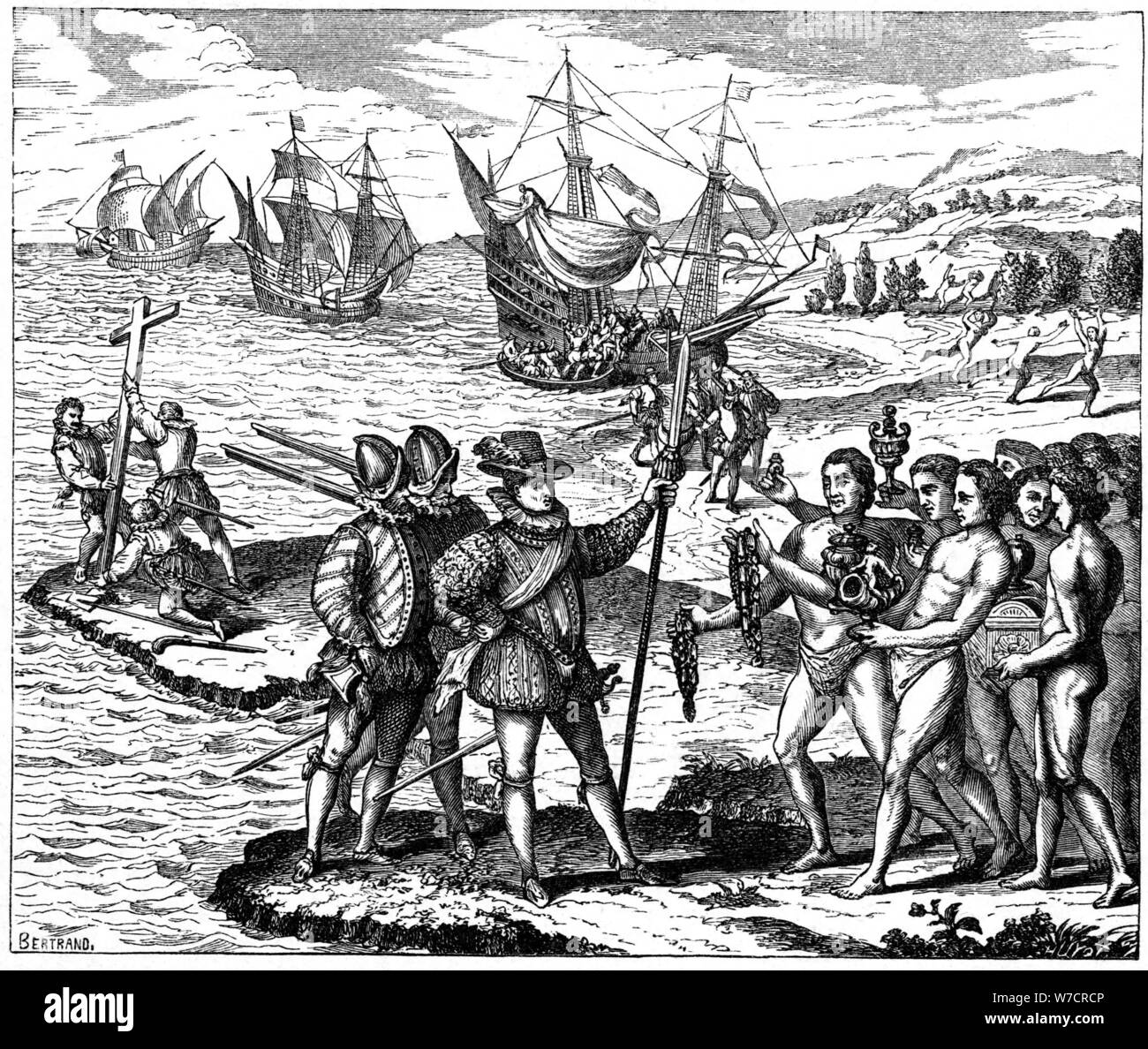 Christophe Colomb, l'explorateur génois, à la découverte de l'Amérique, 12 mai 1492 (1590). Artiste : Theodor de Bry Banque D'Images