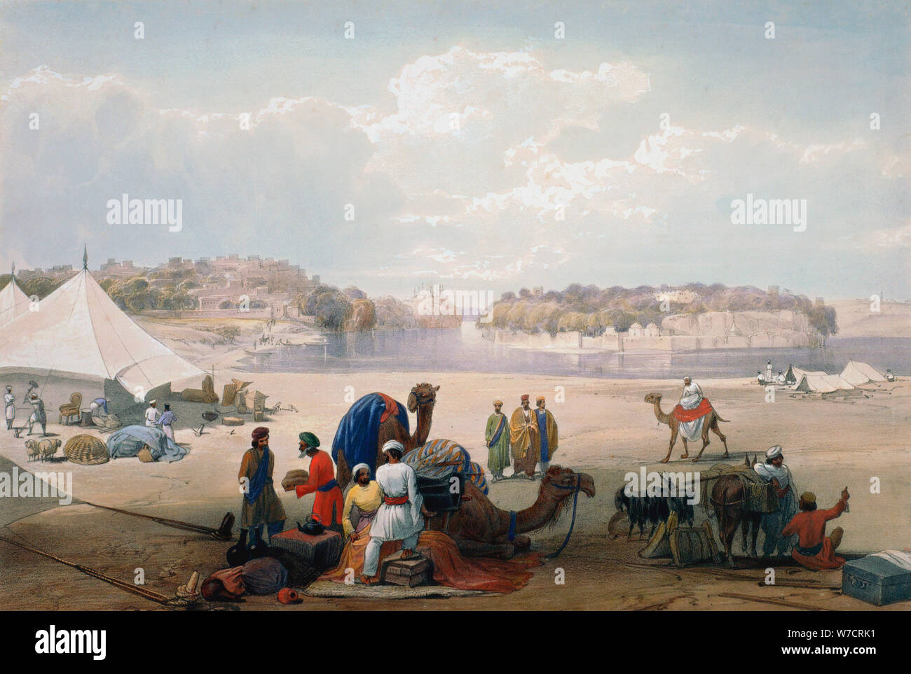 En vertu de l'armée britannique canvas sur Roree sur l'Indus, le Première Guerre Anglo-afghane, 1838-1842. Artiste : James Atkinson Banque D'Images