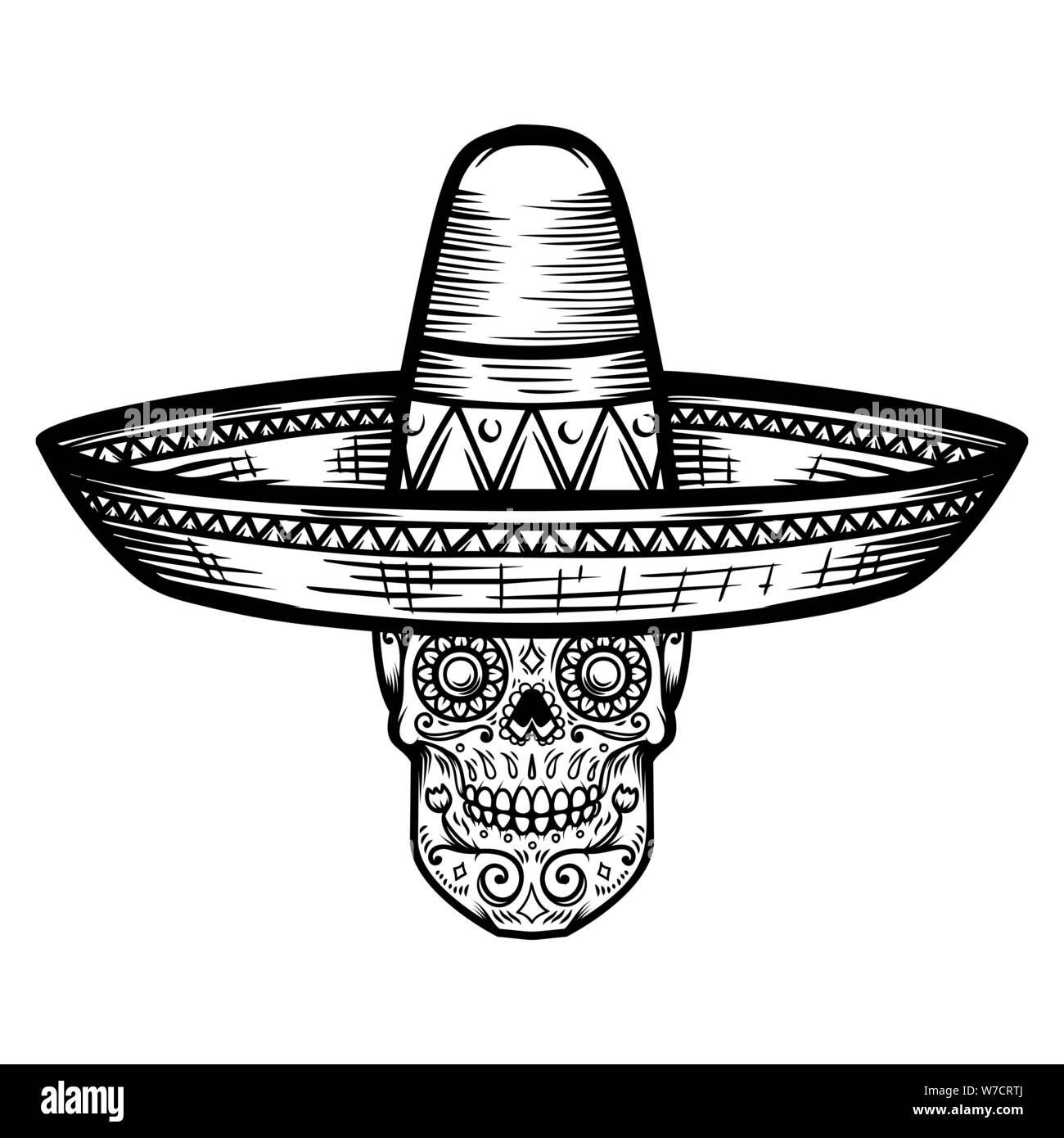 Crâne en sucre mexicain sombrero. Le Jour des morts les thème. L'élément de conception pour poster, t shirt, emblème, signe. Illustration de Vecteur