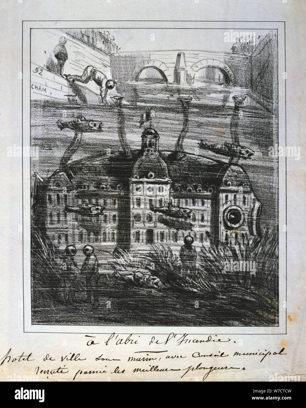 Proposition de dessin animé pour reconstruire l'Hôtel de Ville sous l'eau pour prévenir les incendies, Commune de Paris, 1871. Artiste : Anon Banque D'Images