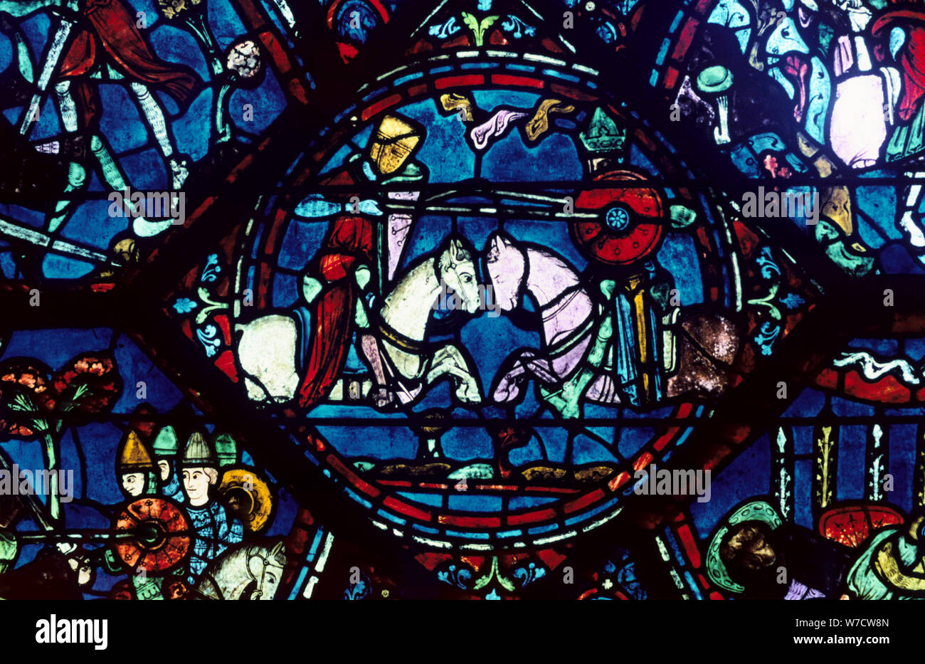 Combat entre Roland et le roi Marsile, vitrail, Cathédrale de Chartres, France, 1194-1260. Artiste : Inconnu Banque D'Images