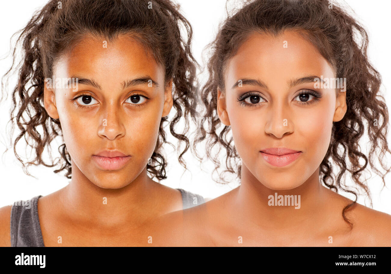 Portrait comparatif de peau noire, fille de maquillage avant et après Banque D'Images