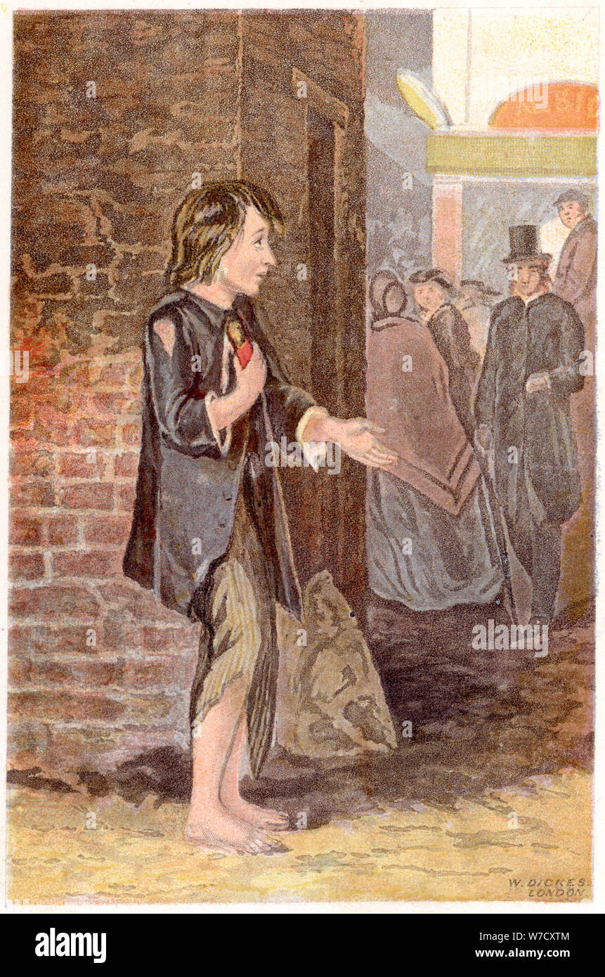 Un pauvre garçon, et déchaussé en haillons, mendier au coin d'une rue, c1880. Artiste : Inconnu Banque D'Images