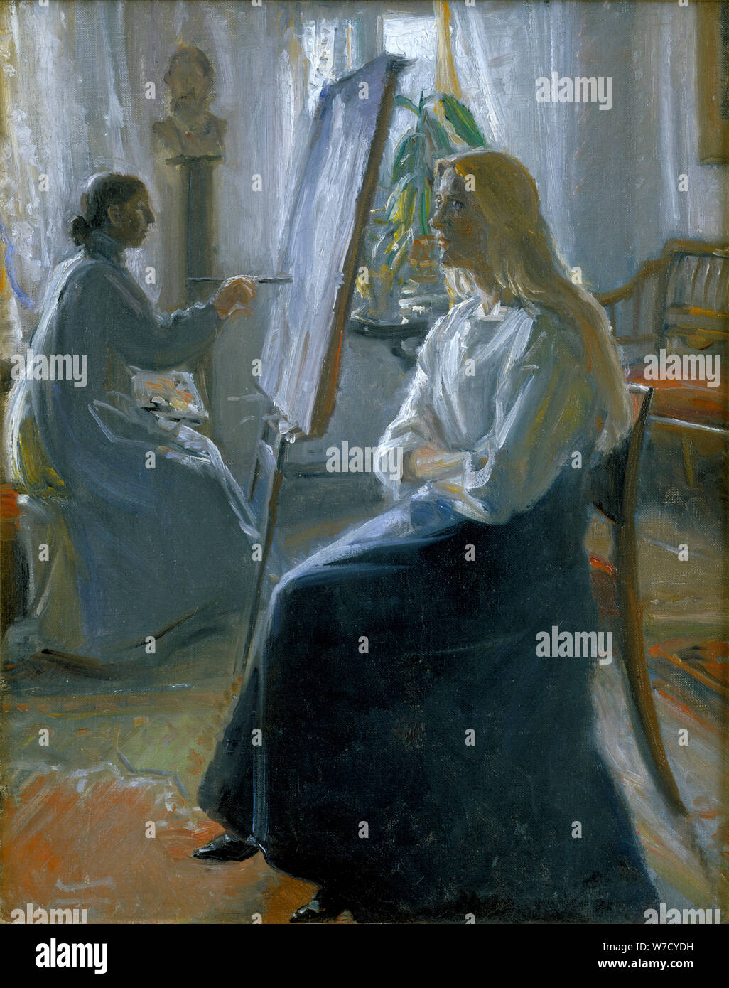 "En Studio, Anna Ancher, la femme de l'artiste Peinture', fin du xixe ou début du xxe siècle. Artiste : Michael Peter Ancher Banque D'Images