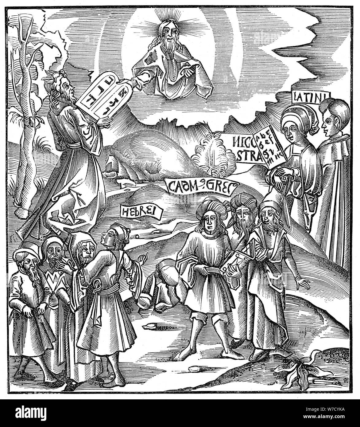 Langues : Moïse recevant de Dieu les tables de la loi en hébreu, 1512. Artiste : Inconnu Banque D'Images