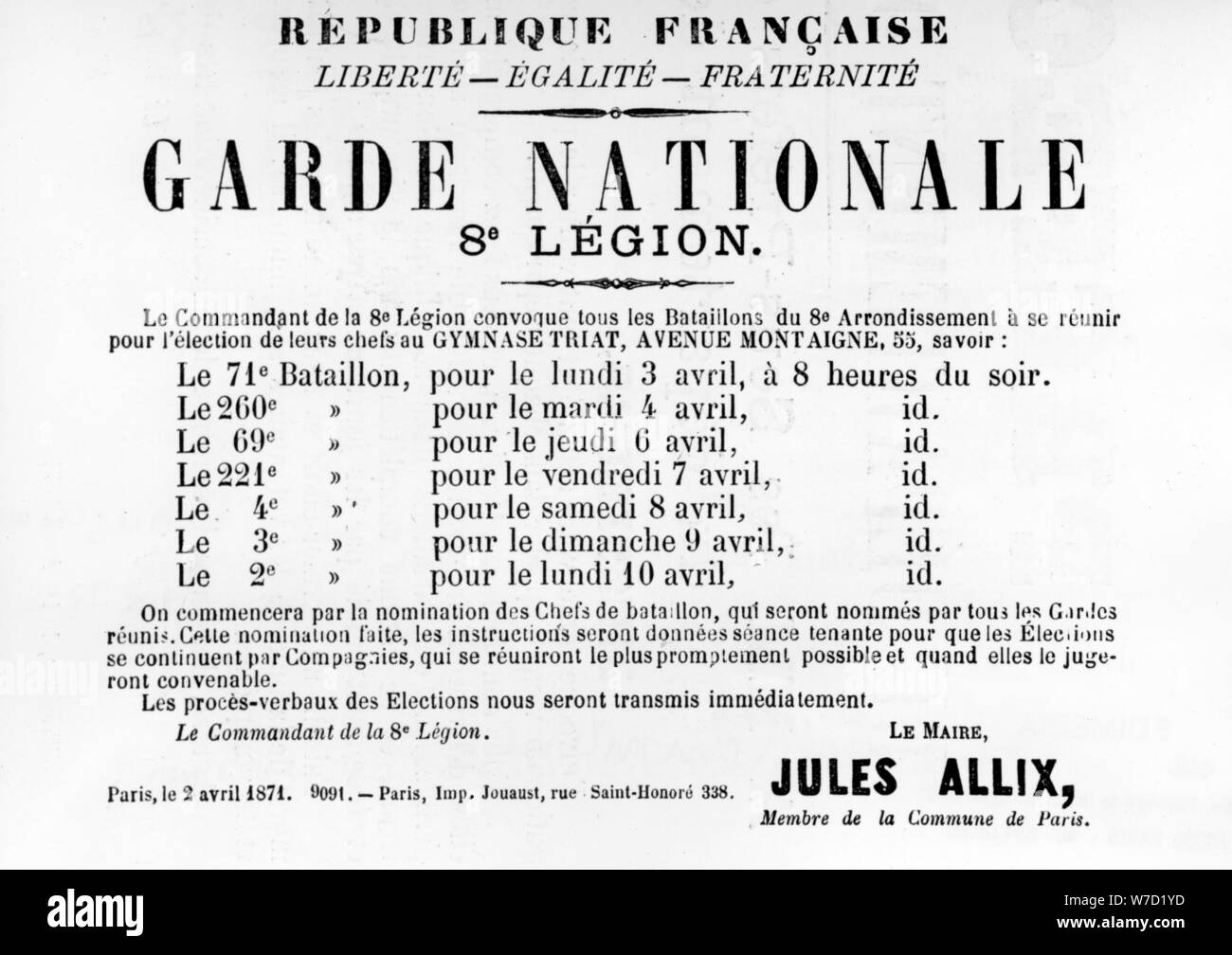 Garde Nationale 8e Légion, d'affiches politiques français de la Commune de Paris, mai 1871. Artiste : Inconnu Banque D'Images