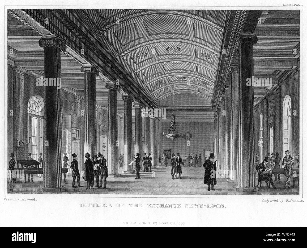 Intérieur de l'échange, Liverpool, 1836 News-Room.Artist : Harwood Banque D'Images