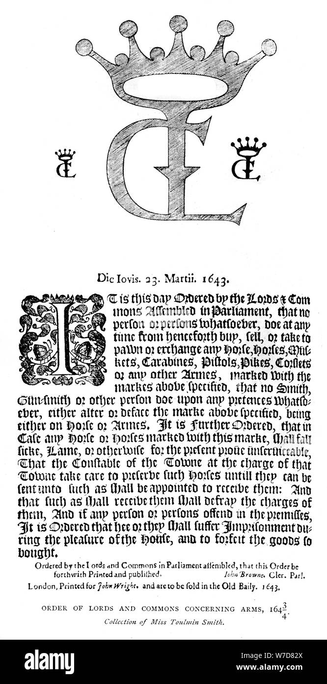 Ordre des Lords et communes relatives à la maîtrise des armements, 1643/1644, (1893). Artiste : Inconnu Banque D'Images