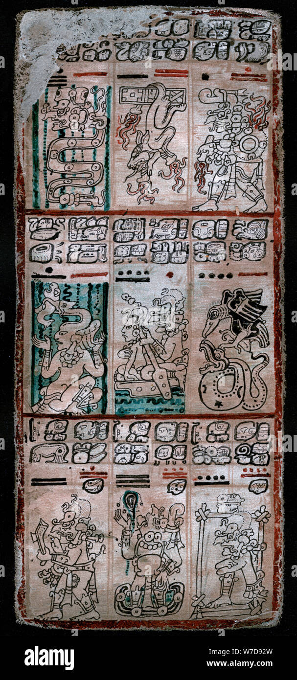 Une page du codex de Dresde, Maya manuscrit, 1901. Artiste : Inconnu Banque D'Images