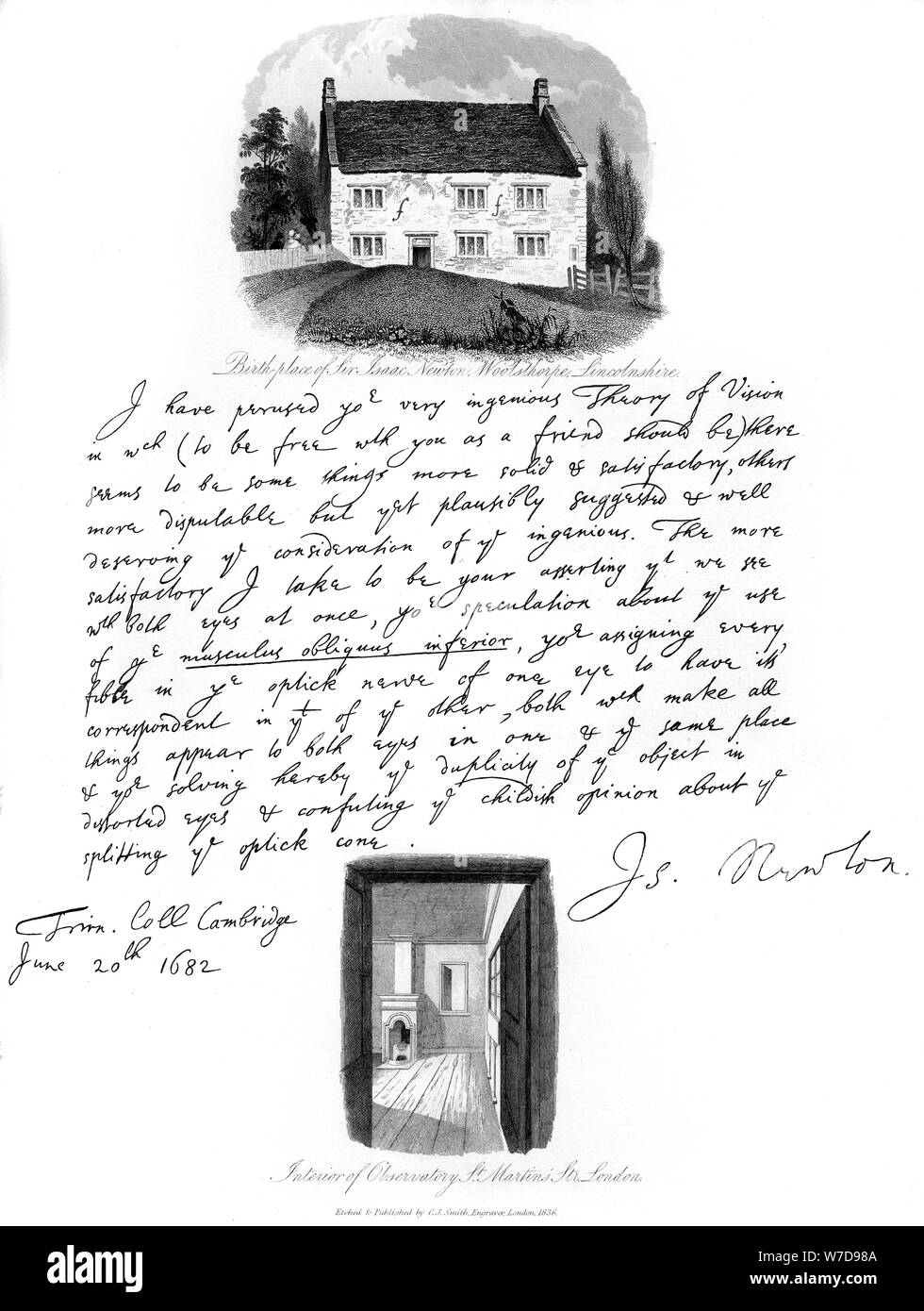 Une lettre d'Isaac Newton, et une vue de sa maison natale à Woolsthorpe, dans le Lincolnshire, 1682, (1840).Artiste : Isaac Newton Banque D'Images