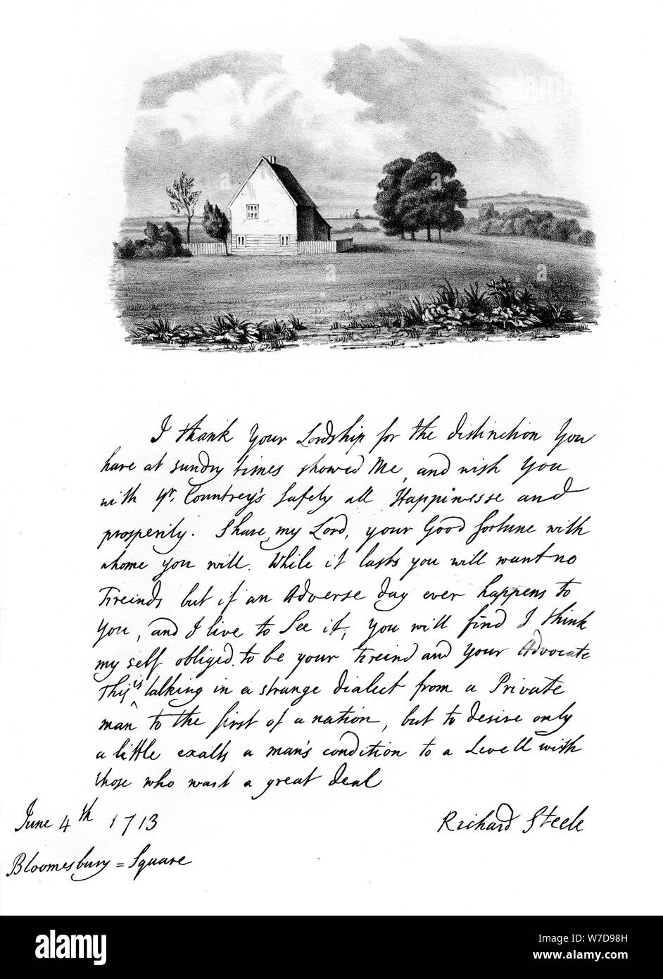 Une lettre de Sir Richard Steele, et une vue de son chalet à Haverstock Hill, 1713, (1840). Artiste : Richard Steele Banque D'Images