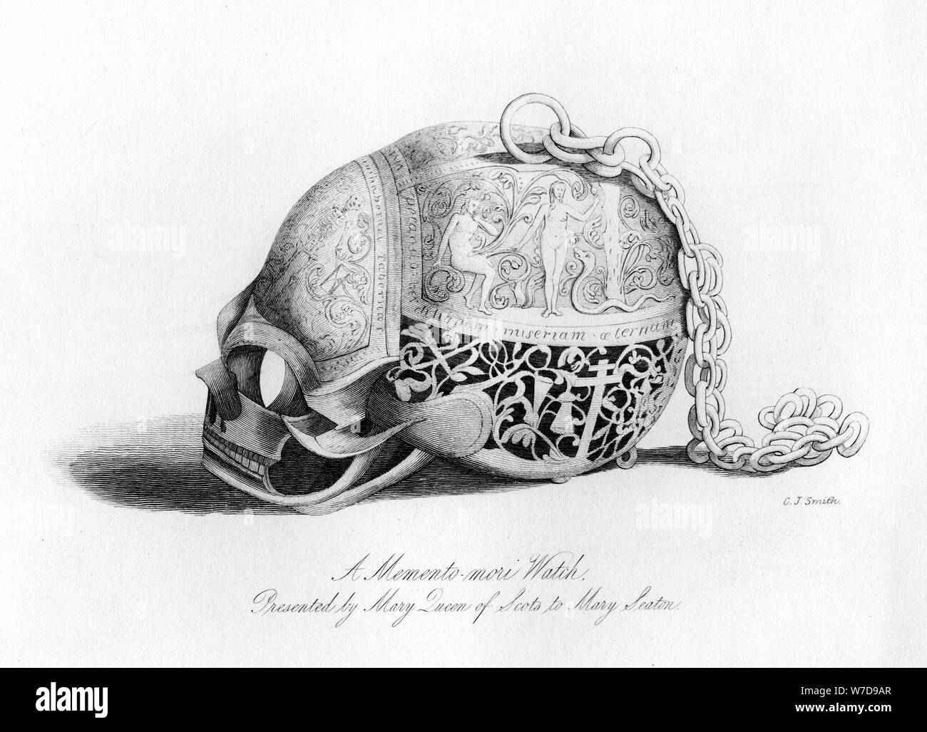 Memento-Mori watch présenté par Marie, Reine des Écossais, à Marie Seaton, 16e siècle, (1840).Artiste : C J Smith Banque D'Images