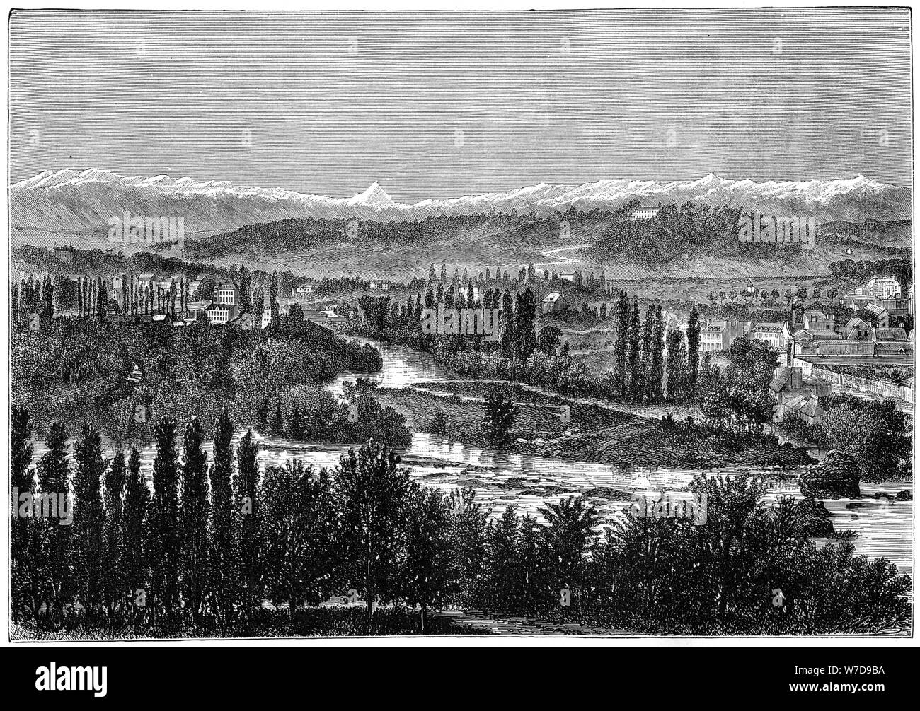 Les Pyrénées vu de la terrasse du château de Pau, France, 1879. Artiste : Hildibrand Banque D'Images