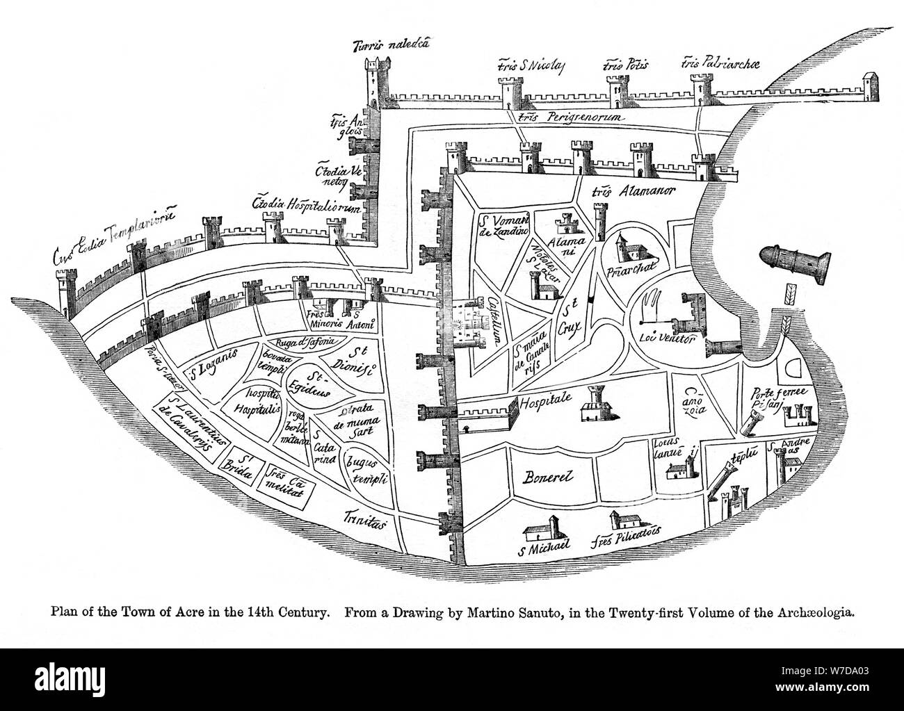 Plan de la ville d'Acre, en Palestine, 14e siècle. Artiste : Inconnu Banque D'Images