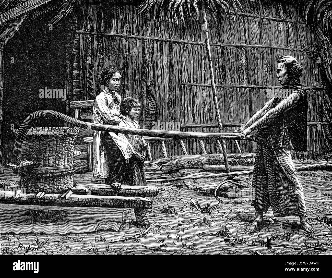 Moulin à riz, l'Indochine, 19e siècle. Artiste : Robin Banque D'Images