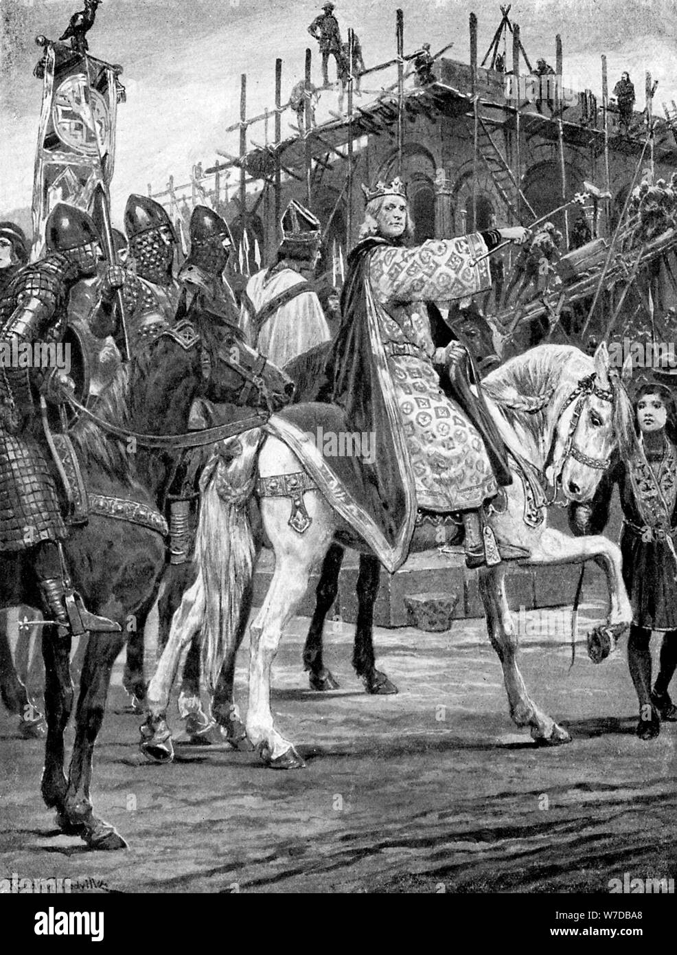 Édouard le Confesseur en regardant le bâtiment de l'abbaye de Westminster, c1050, C1920).Artiste : Richard Caton Woodville II Banque D'Images