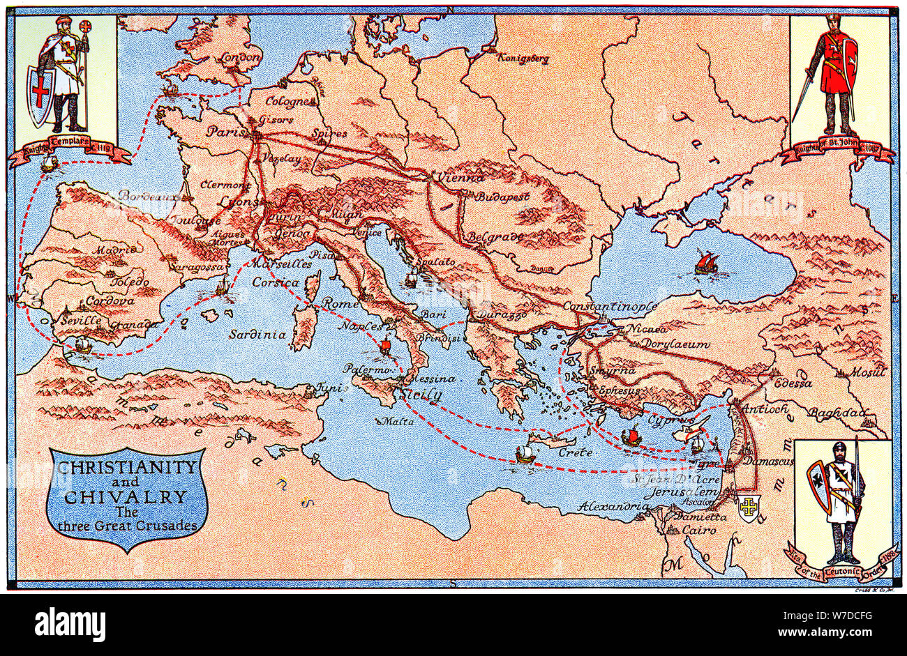 La carte des itinéraires des trois grandes croisades, 1926.Artiste : Criss Banque D'Images