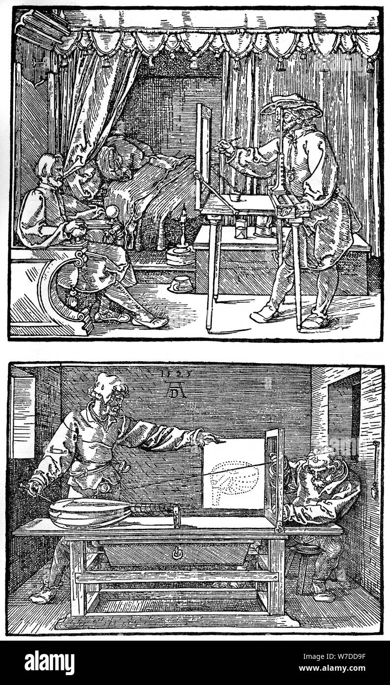 'Appareils pour la traduction des objets à trois dimensions en deux dimensions, dessins', 1525, (1936). Artiste : Albrecht Dürer Banque D'Images