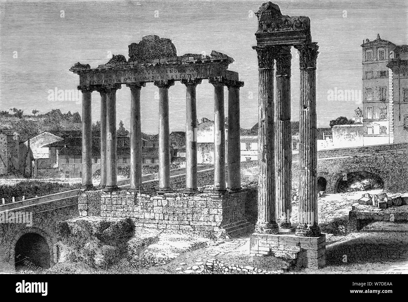 Les Temples de Saturne et de Vespasien, le Forum Romain, Rome, Italie, 19e siècle.Artist : Ettling Banque D'Images