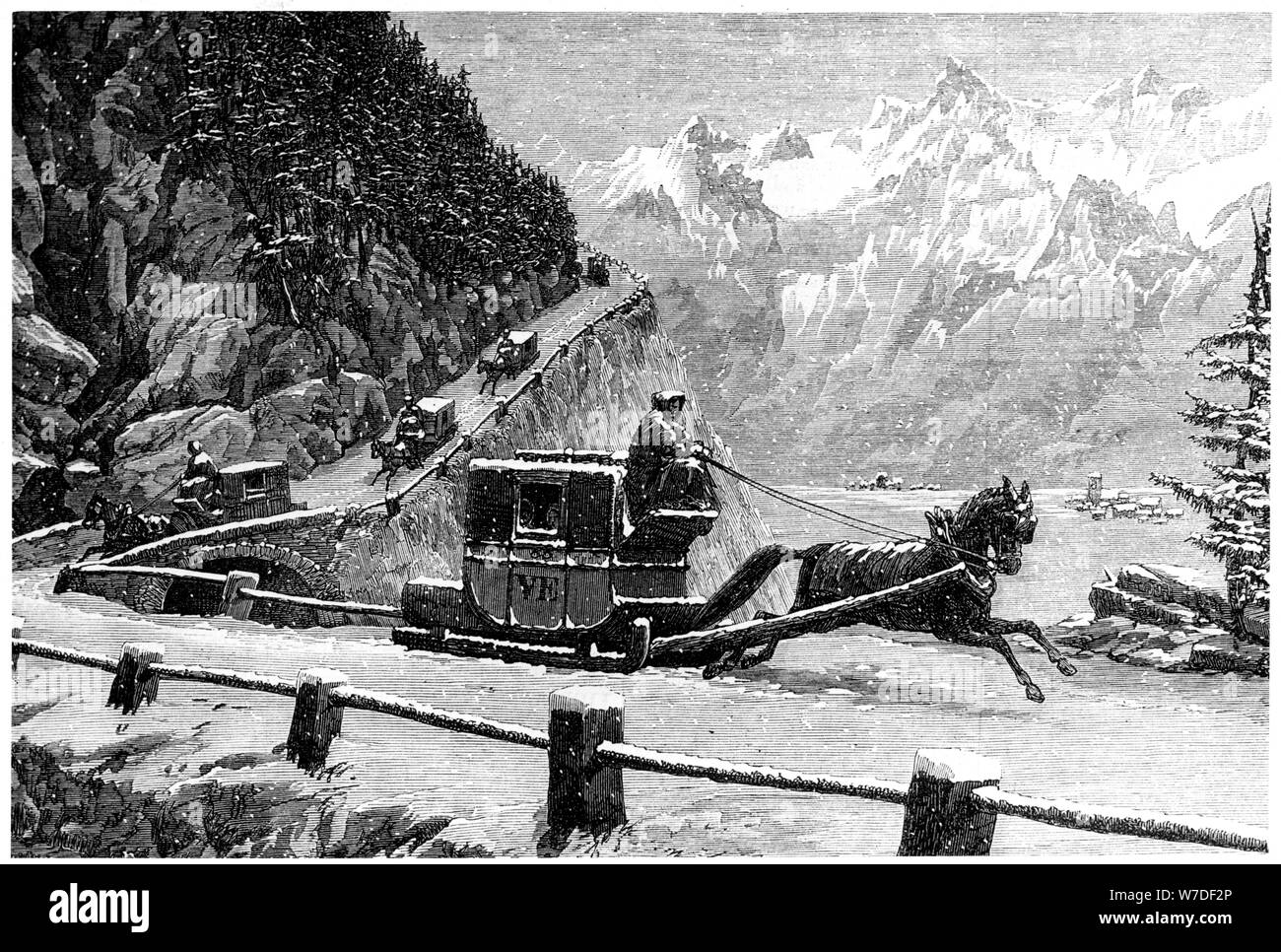 En ordre décroissant le col du Mont Cenis en hiver par traîneau tiré par des chevaux, 19e siècle. Artiste : Inconnu Banque D'Images