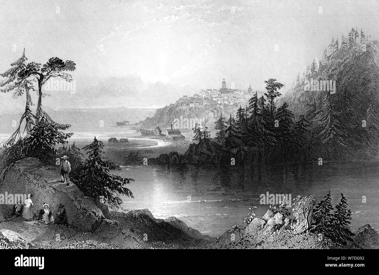 Lac Lily, avec la ville de St John sur un affleurement au-delà, le Canada, 19e siècle.Artist : R Brandard Banque D'Images