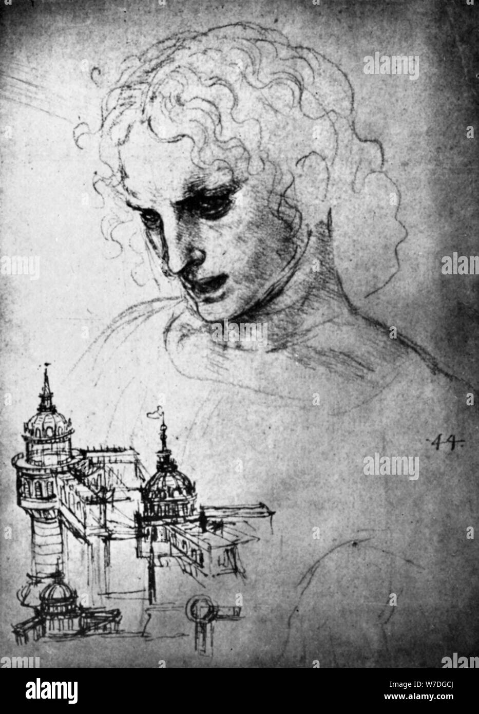 Étude pour la tête de Saint Jacques et d'un dessin architectural, 15e siècle (1930).Artiste : Leonardo da Vinci Banque D'Images