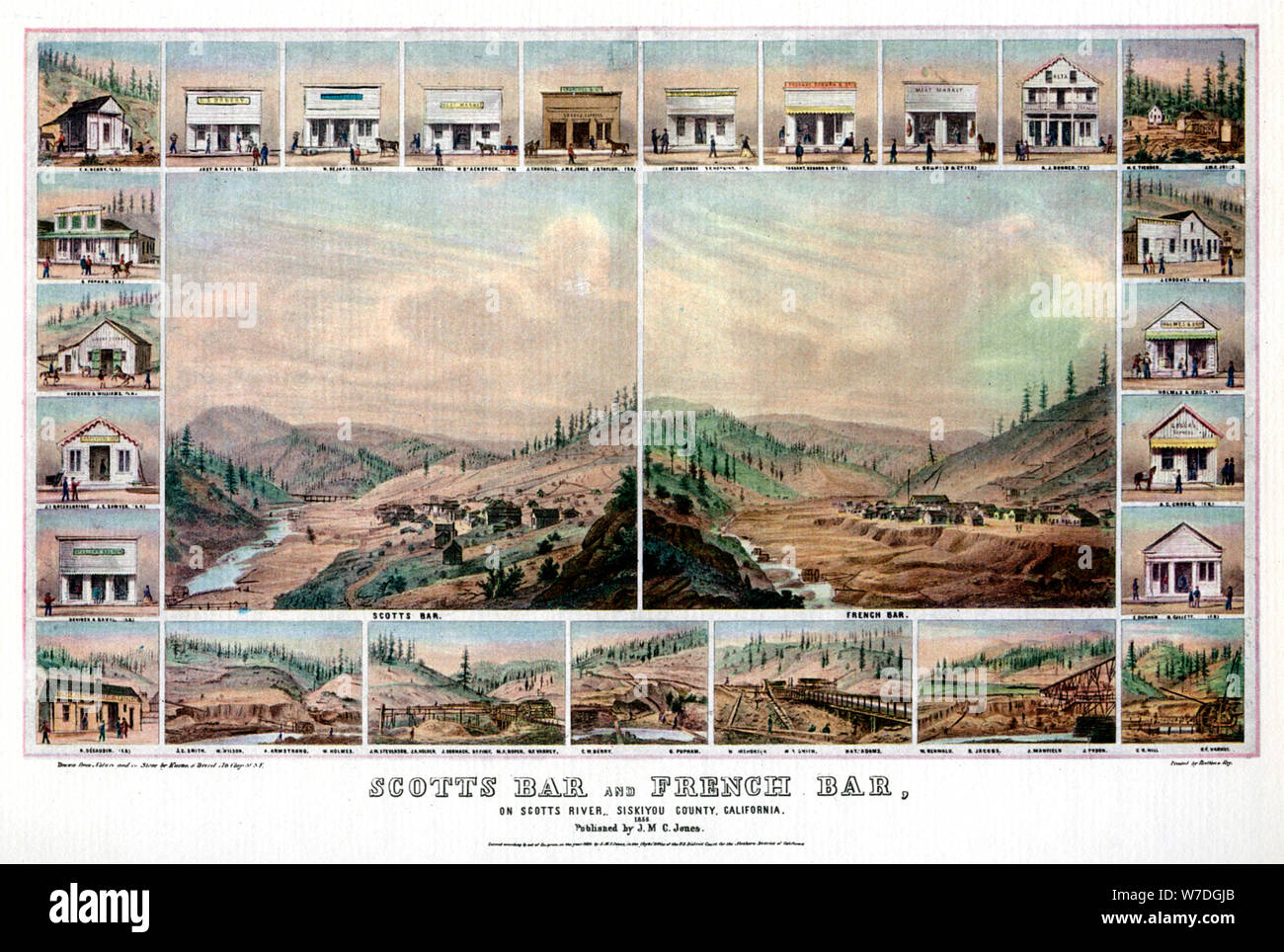 Scotts Bar et Bar français, sur les Scott River, comté de Siskiyou, Californie, 1856 (1937).Artiste : Britton & Rey Banque D'Images