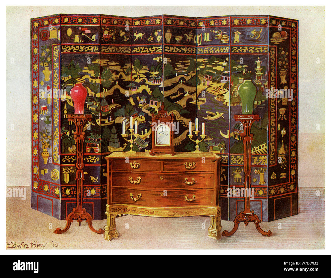 Table et chaise percée courbé laqué chinois huit fois l'écran, 1911-1912.Artist : Edwin Foley Banque D'Images