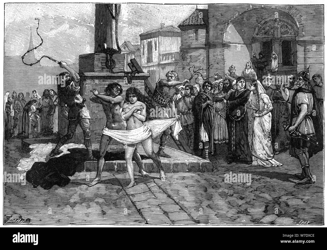 Les adultères d'être fouetté en public, France, 8e siècle (1882-1884). Artiste : Inconnu Banque D'Images