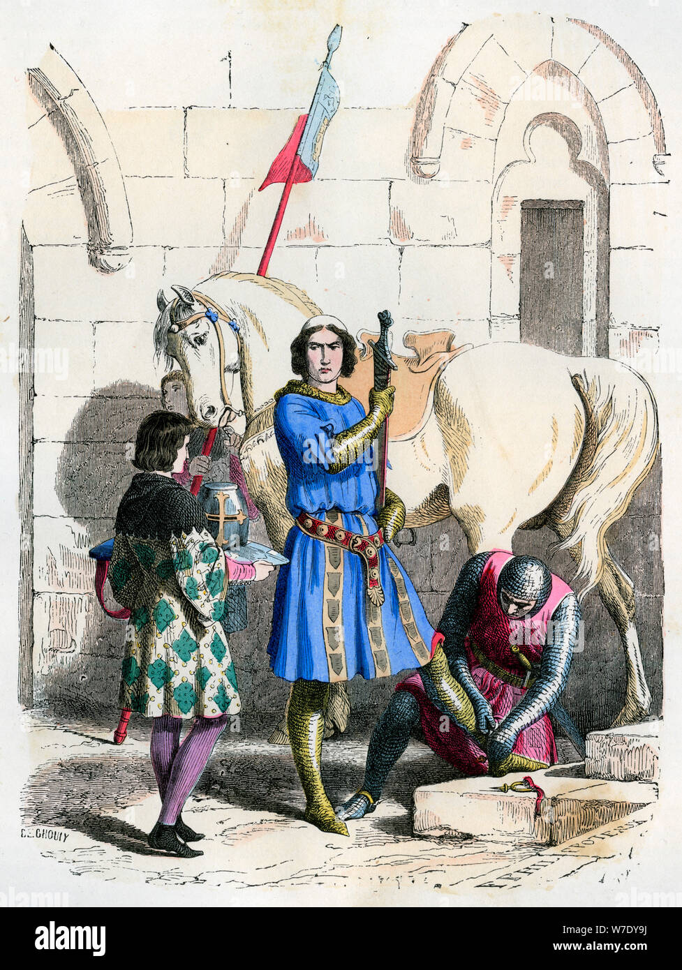 Knight a servi par un squire et page, fin du 12ème siècle (1882-1884). Artiste : Deghouly Banque D'Images