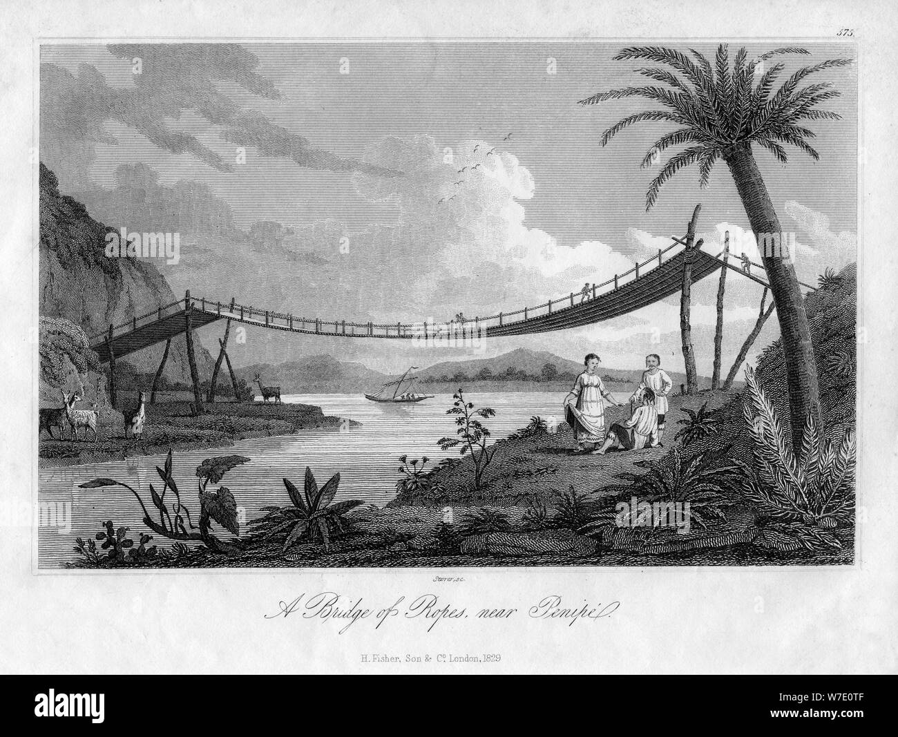 'Un pont de cordes, près de Penipe", l'Equateur, 1829. Artiste : Storer Banque D'Images