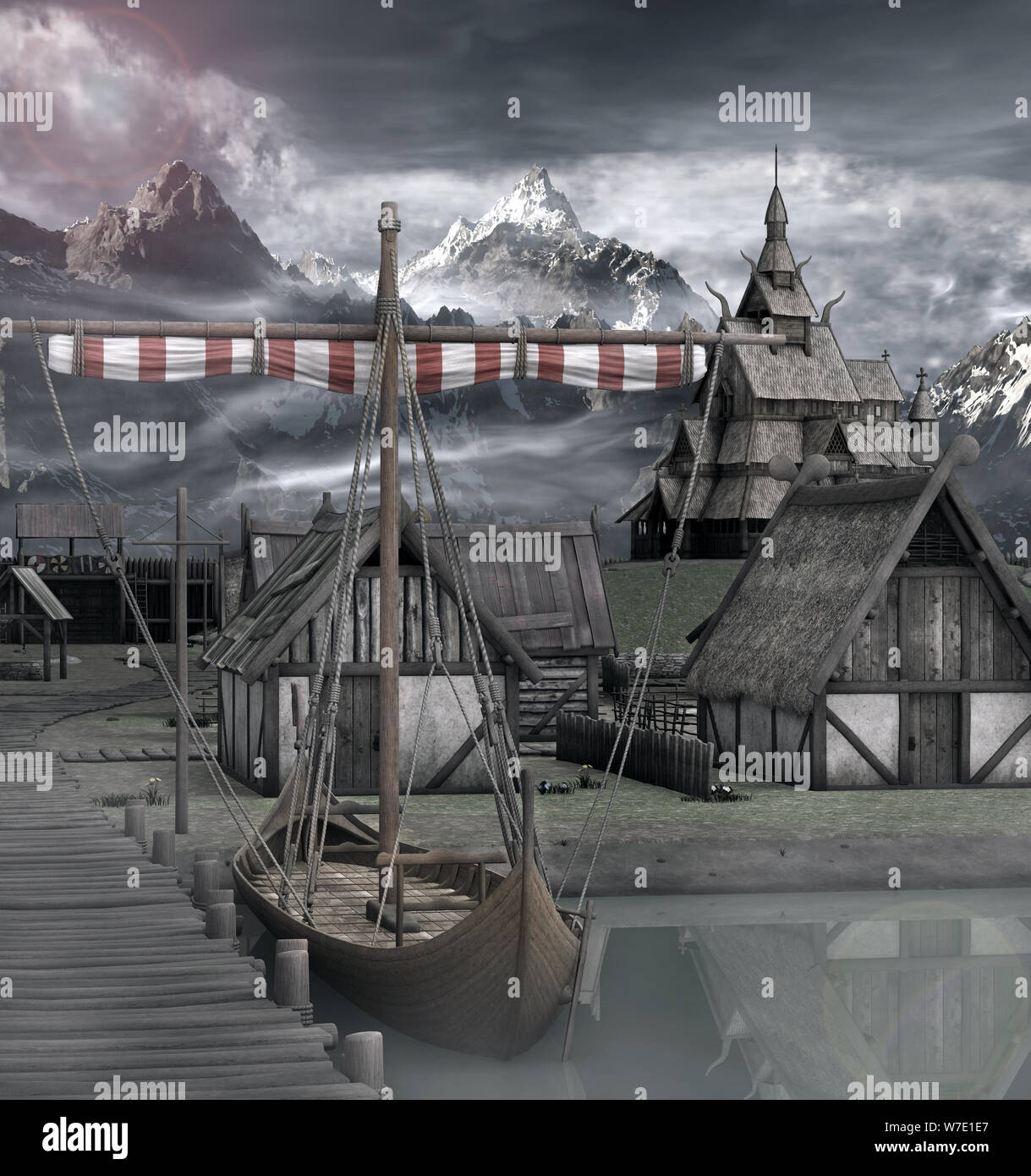 Navire médiéval prêt à partir dans le vieux village viking scenery Banque D'Images