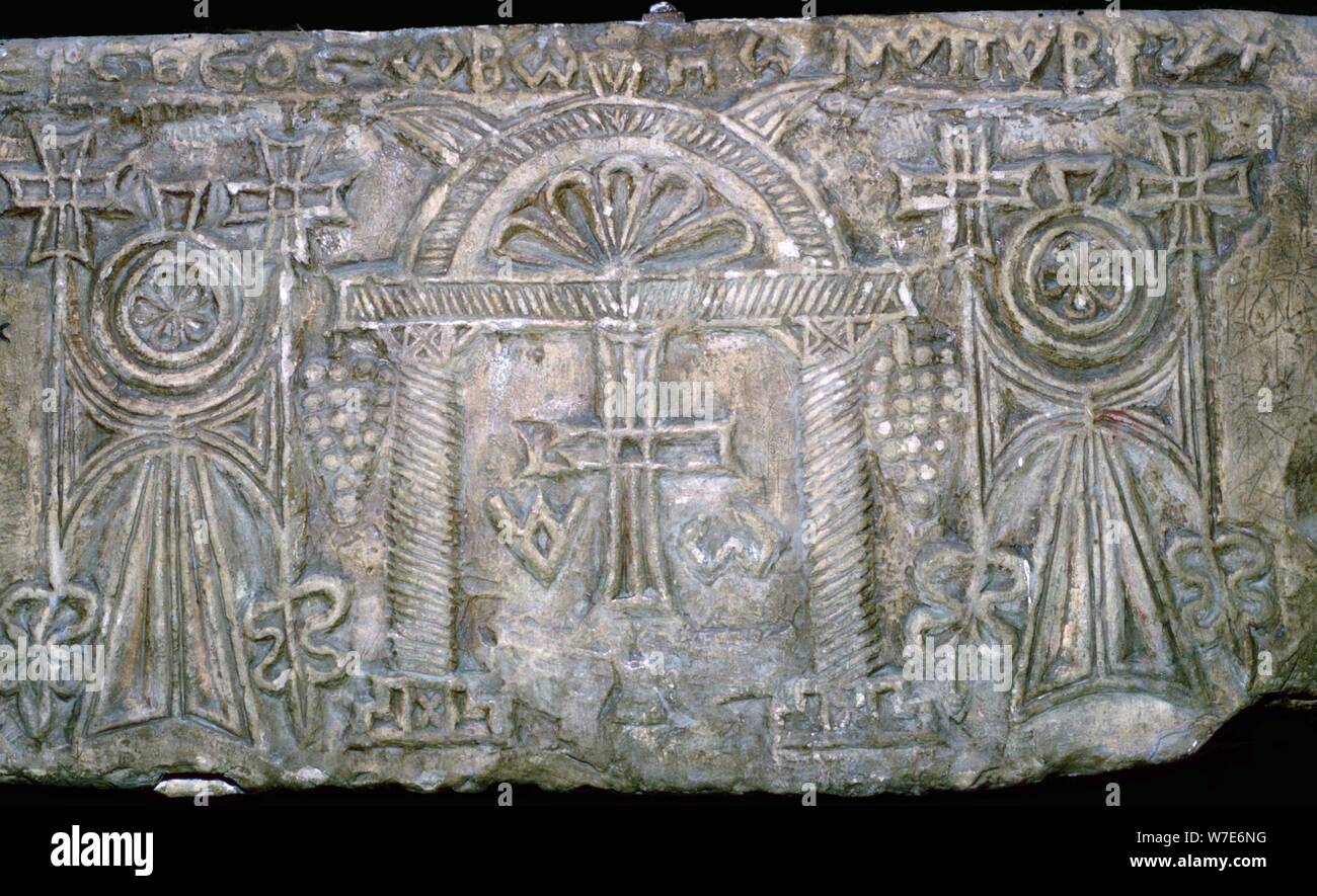 Début avec dalle funéraire copte script Grec, 3e-4e siècle. Artiste : Inconnu Banque D'Images