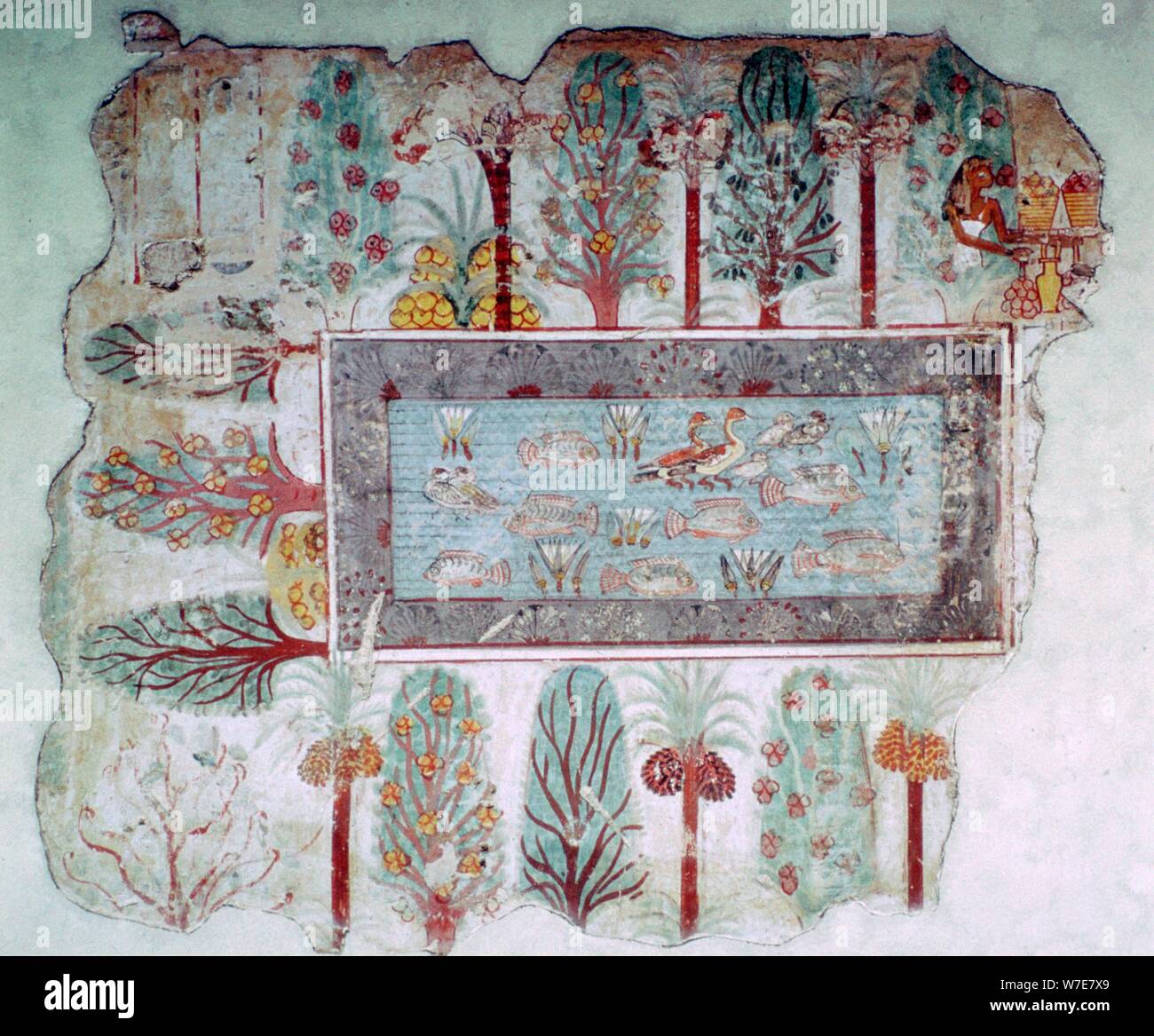 Peinture murale égyptienne d'une pièce extérieure avec poissons, 14e siècle av. Artiste : Inconnu Banque D'Images