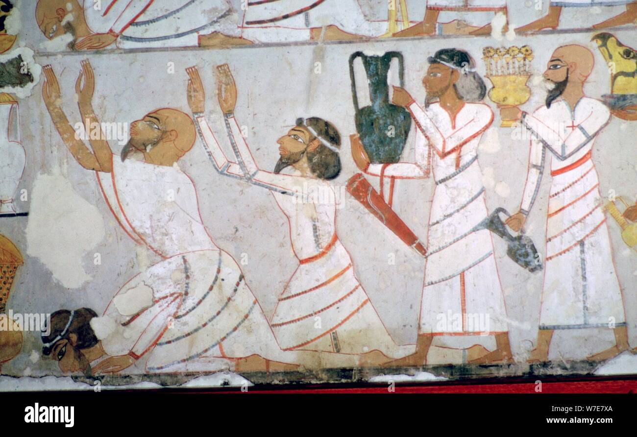 Peinture murale égyptienne montrant la présentation de l'hommage rendu par les envoyés sémitique. Artiste : Inconnu Banque D'Images