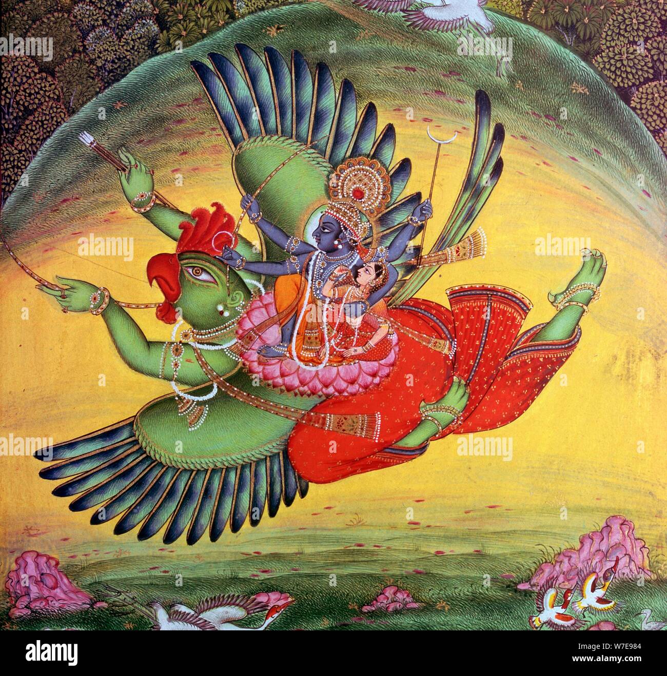 Peinture de Vishnu et sa parèdre Lakshmi équitation sur l'oiseau-dieu Garuda. Artiste : Inconnu Banque D'Images
