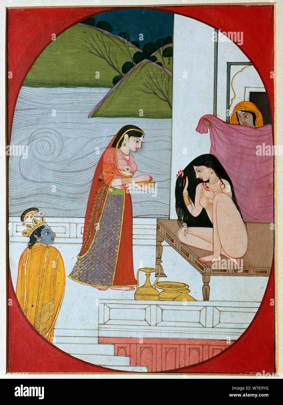 Peinture de la dieu Khrishna Radha regarder à la baignoire, 19e siècle. Artiste : Inconnu Banque D'Images