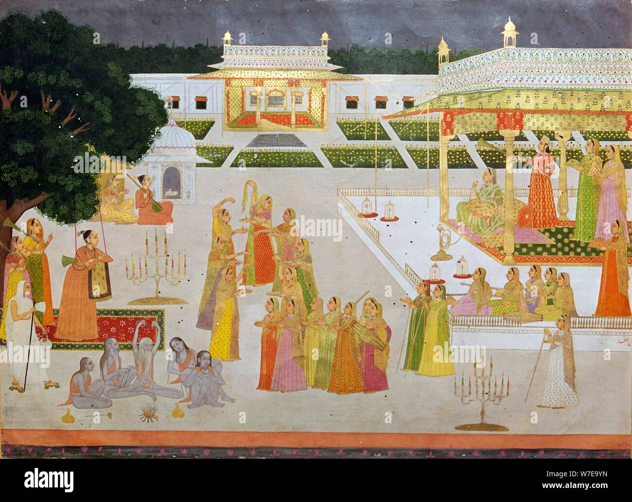 Une peinture moghole d'une princesse et ses dames célébrant Diwali. Artiste : Inconnu Banque D'Images