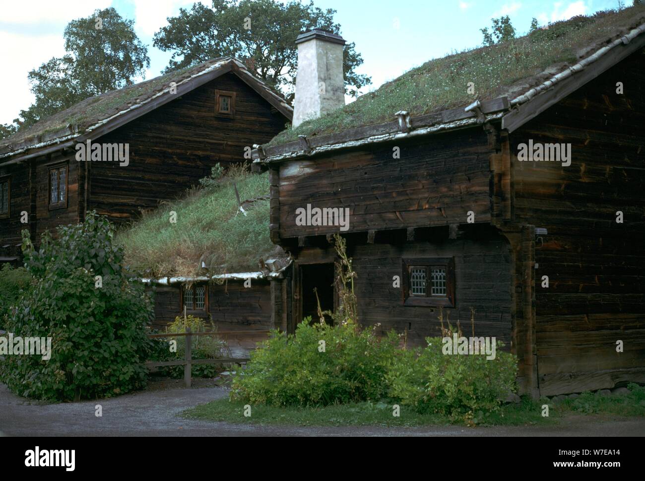 Bâtiment de ferme traditionnel suédois avec un toit de gazon. Artiste : Inconnu Banque D'Images